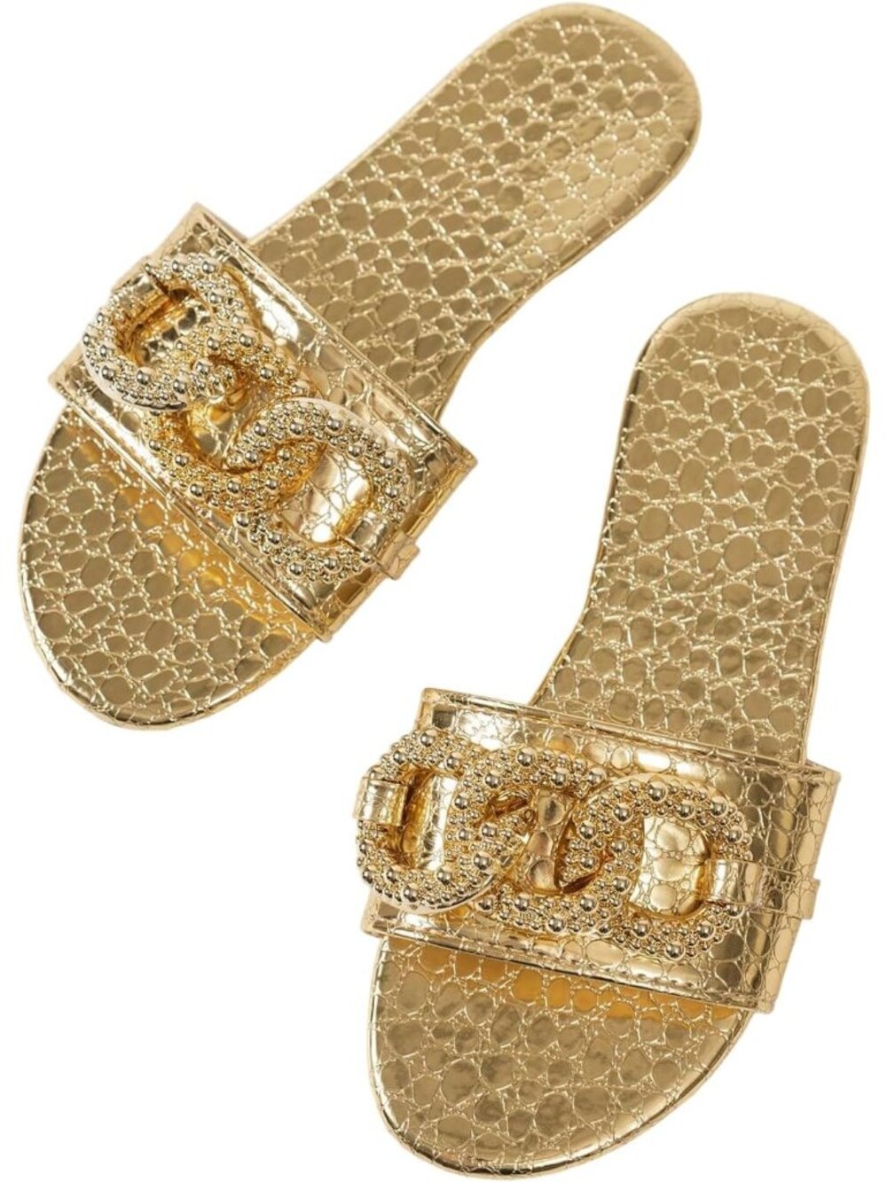🆕Women's Light Gold Gold Chain Crocodile Embossed Sandals Dressy Metallic Flat
